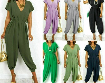 Womens V Neck Tie Belted Waist Parachute Wide Leg Jumpsuit Ladies Beach Playsuit