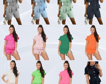 Women's Ladies Frill Peplum Short Sleeve Top Shorts 2PCS Co ord Set Tracksuit Loungewear