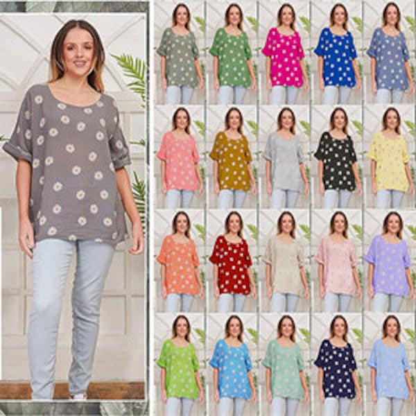 Ladies Italian Quirk Lagenlook Daisy Floral Print Linen Mix Lightweight Casual Womens Cotton Summer Tunic Crop Top Blouse