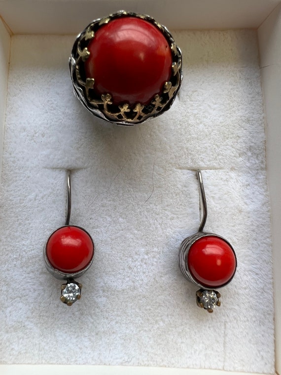 Red Coral & Sterling Silver Ring and Earring Set … - image 2