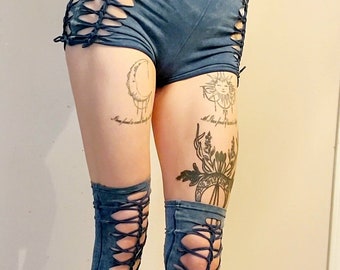 Blue Slit weave faerie set! SHORTS & LEG WARMERS.  handmade and one of a kind