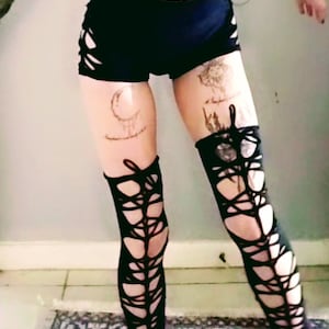 slit weave braided thigh high leg warmer tights. handmade & one of a kind image 2