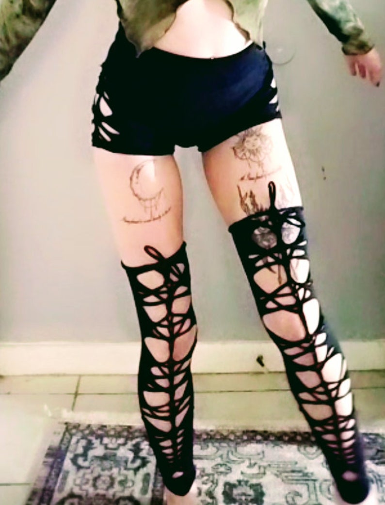 slit weave braided thigh high leg warmer tights. handmade & one of a kind image 2