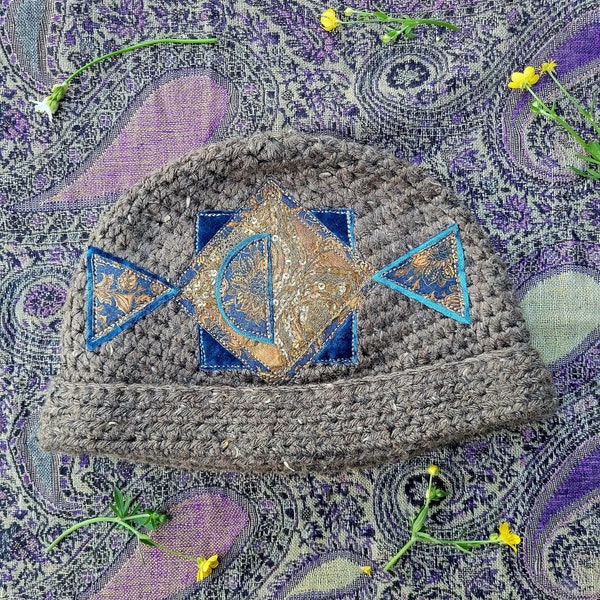 One of a kind patchwork papadosio crochet beanie with pashmina patches