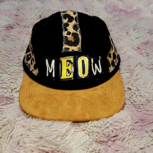 Ooak 'meow' panel hat. handmade and one of a kind