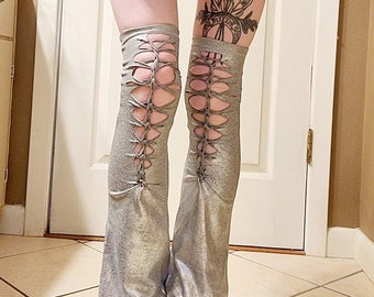 Silver  slit weaved braided thigh high bell bottom flare leg warmers. handmade & one of a kind