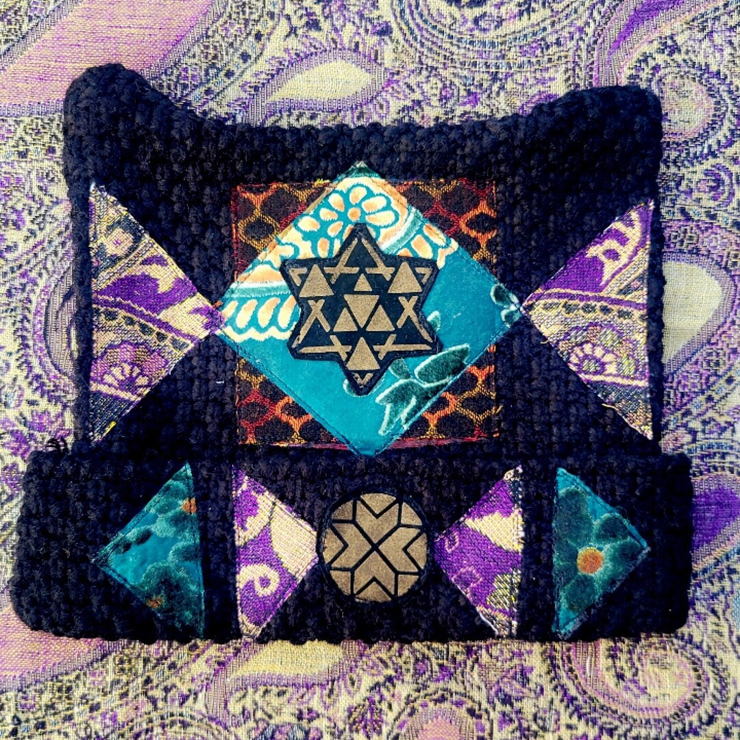 One of a Kind Patchwork Sacred Geometry Crochet Cat Ear Beanie With ...