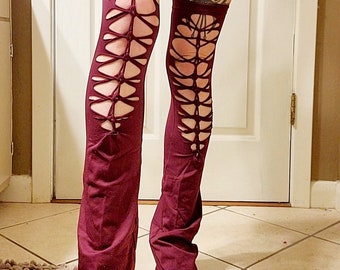 Maroon slit weaved braided thigh high bell bottom flare leg warmers. handmade & one of a kind