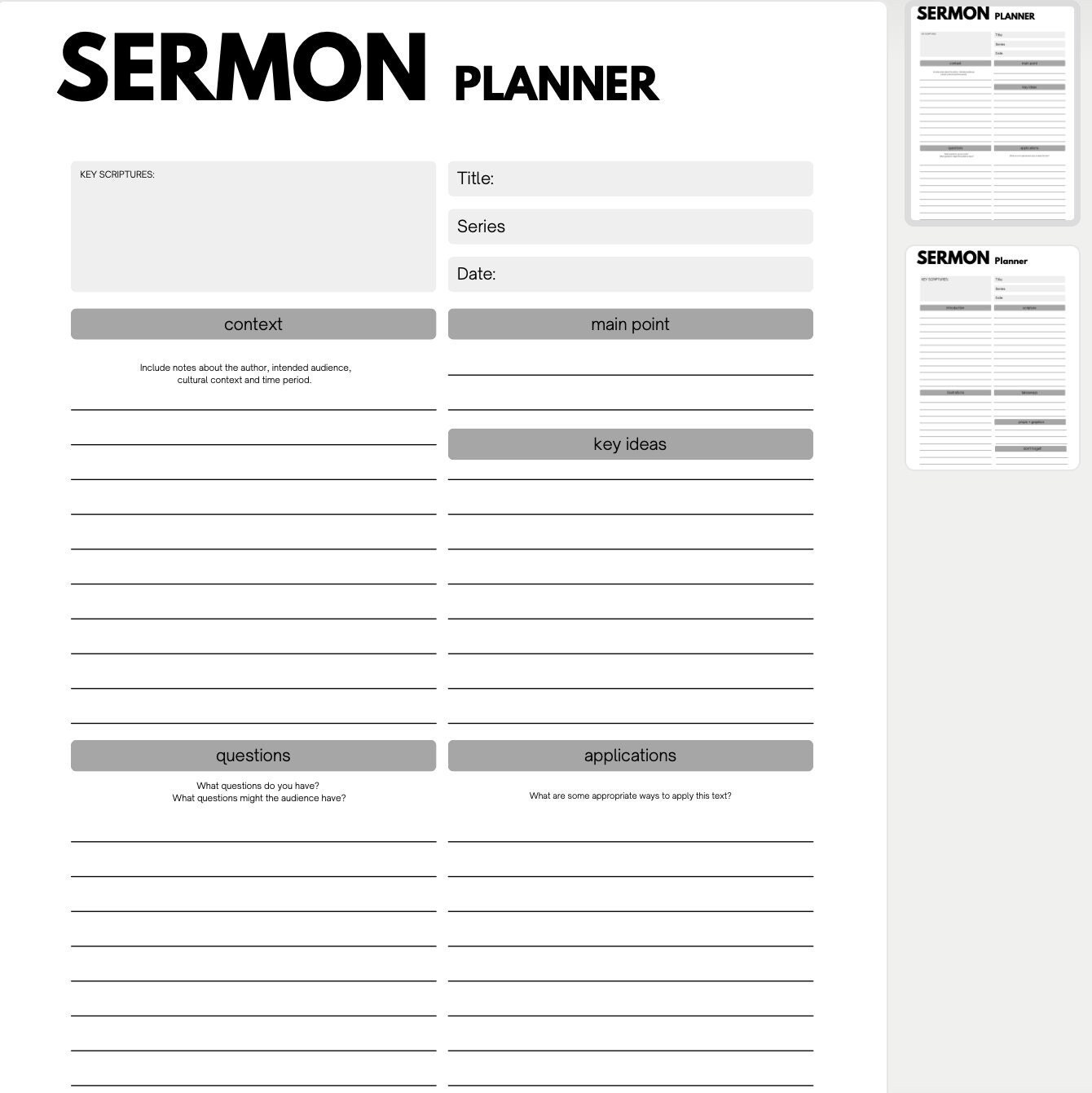 Sermon Planner Printable Black and White - Etsy