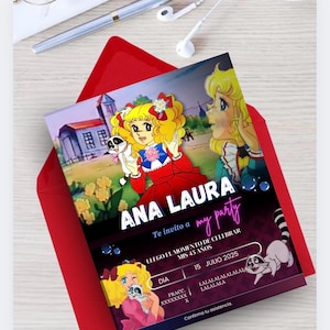 Puede incluir: Una colorida tarjeta de invitación con el texto "ANA LAURA" y "my party". La tarjeta presenta ilustraciones de dibujos animados de una chica rubia con un vestido rojo y un mapache. La invitación está sobre un sobre rojo.