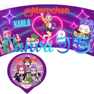 Puede incluir: Un diseño gráfico morado y rosa con personajes de dibujos animados, el texto "Karla" y "Canva", y el logotipo de Maruchan. El diseño incluye luces de neón e ilustraciones de ramen.