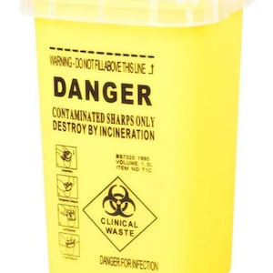 May include: A yellow sharps container with a translucent lid, featuring black text that reads DANGER, CONTAMINATED SHARPS ONLY, DESTROY BY INCINERATION, CLINICAL WASTE, and DANGER FOR INFECTION, with a biohazard symbol and a 1.0L volume label.