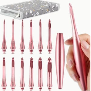 May include: A set of 10 rose gold crochet hooks in a zipped case. The hooks are labelled with sizes ranging from 3mm to 10.5mm.