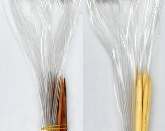 Peut inclure: Deux jeux d'aiguilles à tricoter circulaires avec des pointes en bois. Les aiguilles sont regroupées avec un élastique et enveloppées dans du plastique transparent. Un jeu a des pointes brunes et l'autre a des pointes de couleur naturelle.