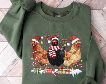 Bluza z motywem świątecznych kurczaków, bluza ze świątecznymi zwierzętami gospodarskimi, damska bluza z motywem świątecznych kurczaków, prezent świąteczny, koszulka dla miłośników kurczaków