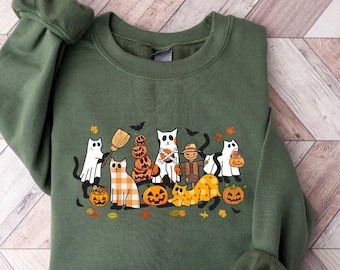 Halloween-sweater, kattentrui, Ghost-shirt, zwarte kat-shirt, 2023 Spooky Seas, cool Halloween-kattenshirt, kattenliefhebber-t-shirt, Halloweentrui