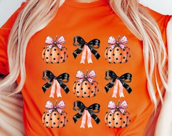 Camisa de Halloween con lazo de calabaza, sudadera de otoño, camisa de Halloween para mujer, camiseta de calabazas, camisa de Halloween con lazo coqueto, camisa de calabaza de Halloween