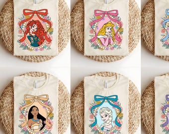 Disney Princess Coquette Bow Shirt, Cinderella Belle Snow White Rapunzel Tiana WDW Disneyland Girls Trip Shirt, Princess Birthday Girl Tee