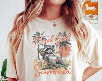 Feral Girl Summer T-shirt, Retro Raccoon Shirt, Meme Raccoon Crewneck, Funny Raccoon Summer Beach Gift, Feral Girl Summer Outfit