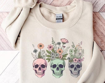Floral Halloween Skull Sweatshirt, Wildflower Skeleton Sweater, Retro Halloween Vibes T Shirt, Skeleton Crewneck, Spooky Wildflower Shirt
