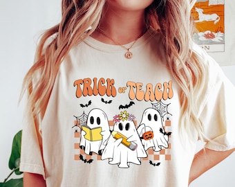 Trick or Teach-shirt, Halloween-leraarshirt, lerarensweater, retro leraar Halloween-shirt, cadeau voor leraar, griezelige leraar shirt