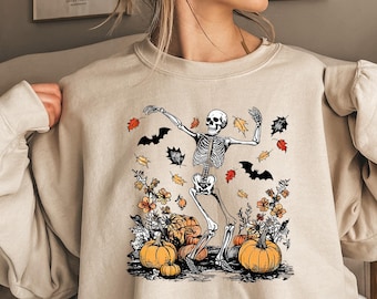 Komfortdansande skelettskjorta, pumpaskjorta, pumpaskelettskjorta, höstskjorta, Halloweenfestskjorta, läskig säsong, höstskjorta för kvinnor