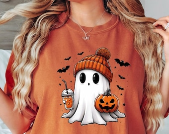 Linda camiseta de café fantasma, camiseta cómoda de fantasma de Halloween, linda camiseta de otoño, camiseta de fantasma, regalo de Halloween, camiseta de fantasma espeluznante,