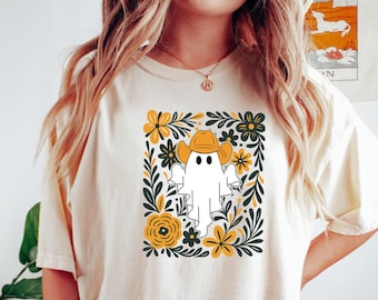 Camiseta floral de fantasma del oeste, camiseta de Halloween, camiseta de fantasma adorable, camiseta de fiesta de Halloween, camiseta de otoño espeluznante, regalo para chica de campo