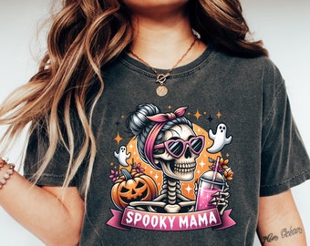 Halloween Spooky Mama Shirt, Skeleton Spooky Mama Shirt, Pumpkin Season Skeleton Shirt, Iced Coffee Mom T Shirt, Halloween Crewneck