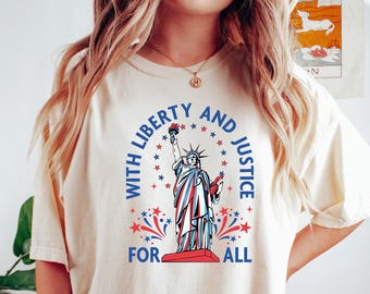 Frihetsgudinnan T-shirt, med frihet och rättvisa för alla T-shirt, patriotisk 4 juli T-shirt, självständighetsdagen Freedom USA America T-shirt