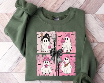 Camiseta de Halloween con fantasma de Coquette, camisetas de fantasma con lazo rosa de Coquette, camiseta gráfica con fantasma lindo, sudadera con fantasma lindo, camisetas con vibraciones espeluznantes rosas
