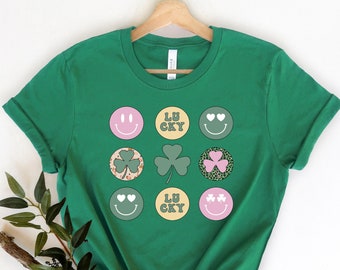 Retro St. Patrick's Day Shirt, St Patricks Day Clover Tee, Happy St Patrick Shirt, Lucky Tshirt, Lucky Charm Smiley Face Shirt, Shamrock Tee