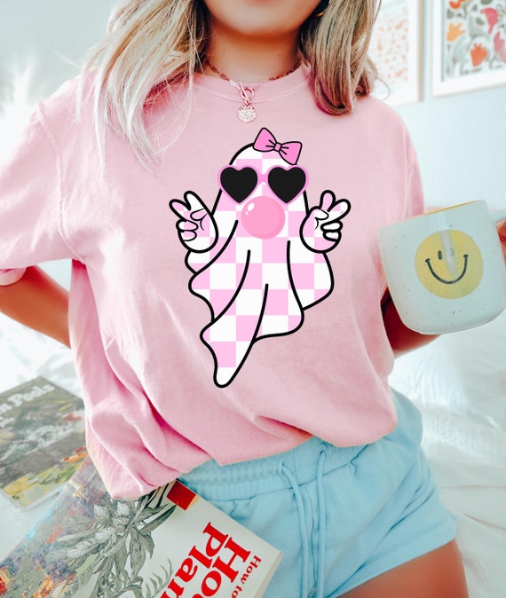 Cute Girly Ghost Blowing Bubble Shirt, Cute Ghost Shirt, Retro Checkered Ghost bow Shirt, Cute Pink Ghost T-Shirt, On Wednesday We Wear Pink