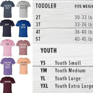 May include: A chart showing the size and weight recommendations for toddler and youth t-shirts. The chart includes sizes 2T, 3T, 4T, 5T, YS, YM, YL, and YXL. The chart also includes the corresponding weight and length for each size.