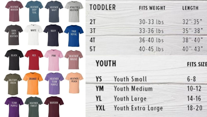 May include: A chart showing the size and weight recommendations for toddler and youth t-shirts. The chart includes sizes 2T, 3T, 4T, 5T, YS, YM, YL, and YXL. The chart also includes the corresponding weight and length for each size.