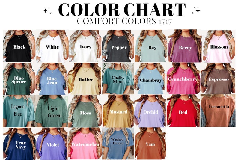 Puede incluir: Tabla de colores con una variedad de camisetas Comfort Colors en varios tonos. La tabla muestra colores como negro, blanco, marfil, pimienta, bah&iacute;a, baya, flor, abeto azul, vaquero azul, mantequilla, menta tiza, chambray, crunchberry, espresso, azul laguna, verde claro, musgo, mostaza, orqu&iacute;dea, rojo, terracota, azul marino, violeta, sand&iacute;a, mezclilla lavada y &ntilde;ame.