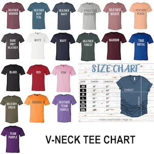 May include: A size chart for v-neck t-shirts, showing a range of colours and sizes. The chart displays chest and length measurements for each size, from XS to 3XL. The chart also includes a picture of a blue v-neck t-shirt.