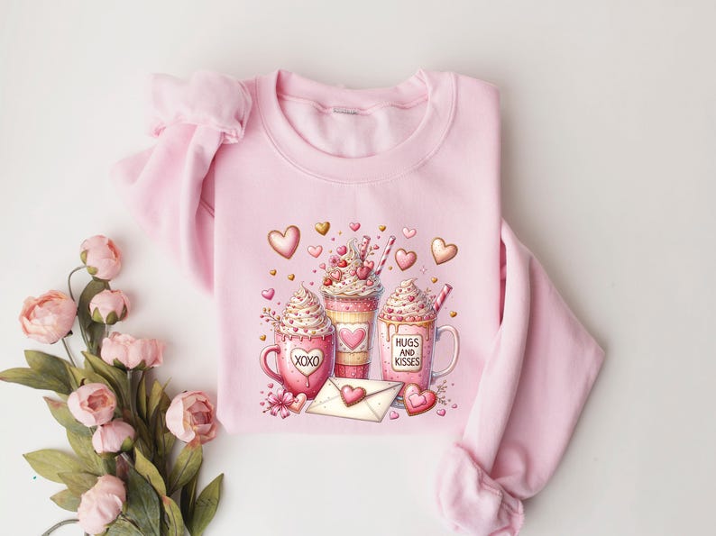 May include: Pink sweatshirt with a graphic of three mugs with whipped cream and hearts. The mugs say "XOXO", "Hugs and Kisses", and have hearts and other Valentine's Day themed designs.