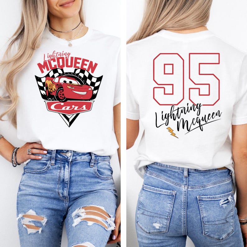 May include: White t-shirt with a red, yellow, and black Cars graphic on the front. The graphic features Lightning McQueen and the text "Lightning McQueen Cars". The back of the shirt has the number "95" in red with the text "Lightning McQueen" in black.