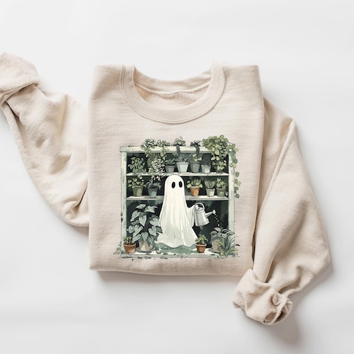 Sudadera fantasma de planta divertida, camisa de dama de planta de Halloween, regalo amante de las plantas, sudadera de cuello redondo fantasma, camisa de jardinero espeluznante
