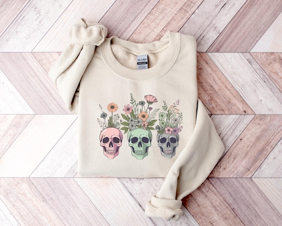 Floral Halloween Skull Sweatshirt, Wildflower Skeleton Sweater, Retro Halloween Vibes T Shirt, Skeleton Crewneck, Spooky Wildflower Shirt