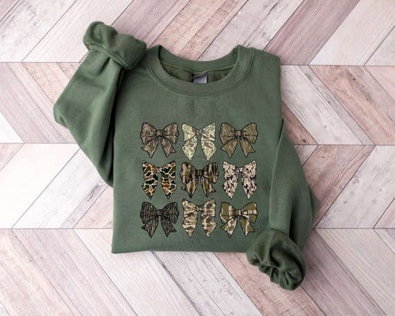 Camo Bow Sweatshirt, Camo Coquette Bow Shirt, Duck Hunting T-shirt, Hunting Lover Gift, Women's Camouflage Bow Sweatshirt, Camouflage Bow