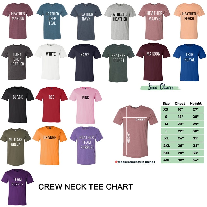 May include: A chart showing different colours of crew neck t-shirts with their corresponding names. The chart also includes a size chart with chest and height measurements in inches.