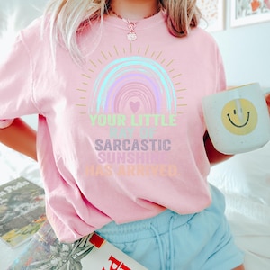 May include: A pink t-shirt with a rainbow graphic and the text "Your Little Ray of Sarcastic Sunshine Has Arrived."