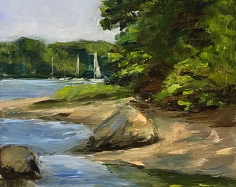 Summer Landscape Oil Painting on Fiberboard: Impressionistic Seascape Art