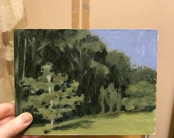Impressionist Forest Oil Painting on Fiberboard (5.9x7.9 in)