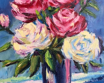 Oil painting with flowers on fiberboard 30x24cm (11.8x9.4 inches), wall art, gift