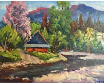 Oil painting summer landscape, canvas painting 30x40 cm (11.8x15.7 inches), wall art, gift