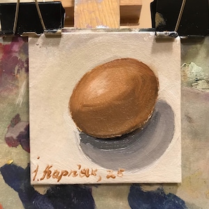 Pintura al óleo de huevo, bodegón sobre cartón 10 x 10 cm (3,9 x 3,9 pulgadas), pintura para regalo, arte de pared, huevo, regalo