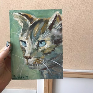 Peinture acrylique, portrait de chat acrylique, peinture sur panneau de fibres de bois 20 x 15 cm (7,87 x 5,9 pouces), peintures murales, cadeau pour la maison